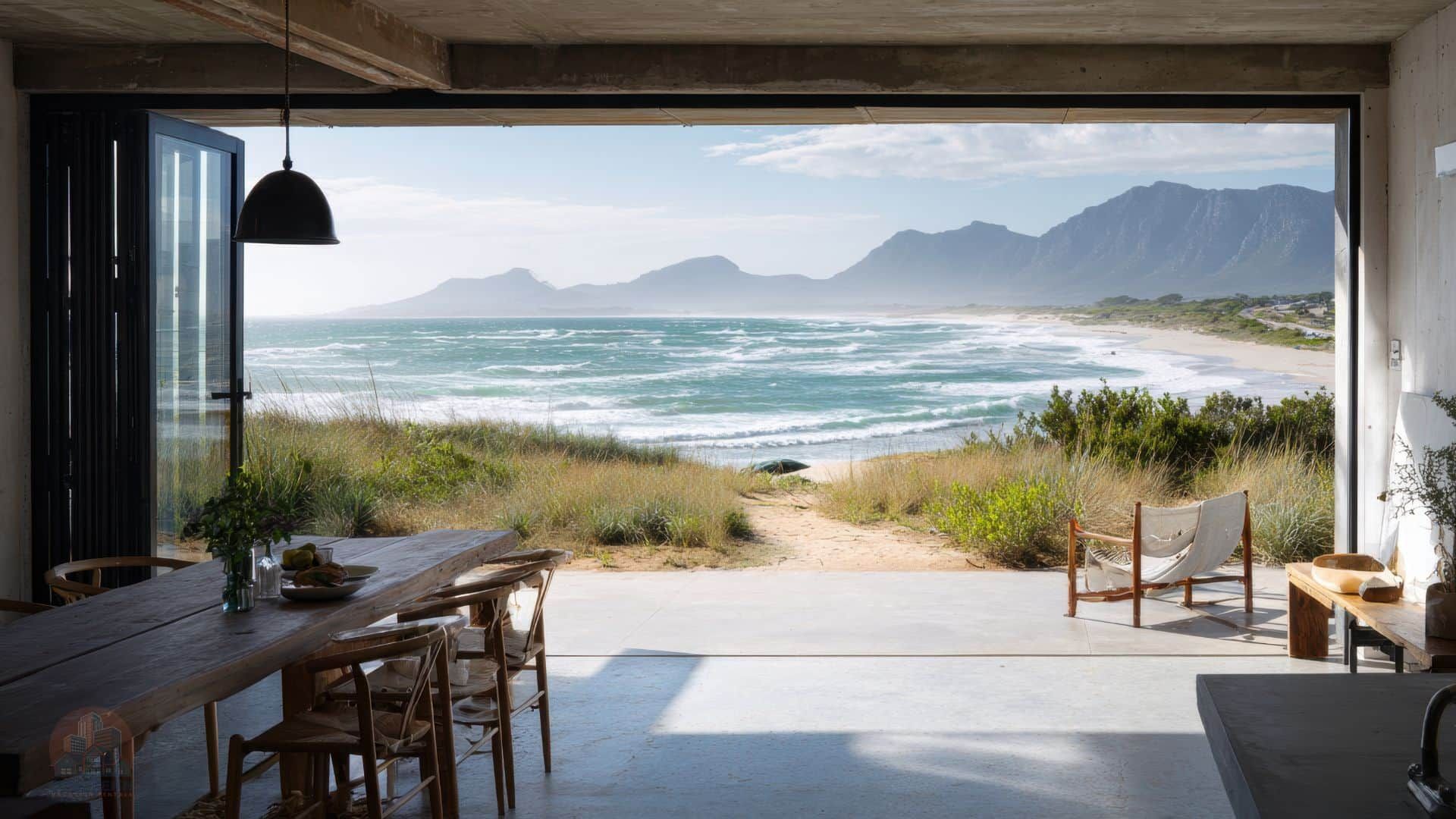 Open seaside patio with tables and chairs overlooking a sandy beach, waves, and distant mountains