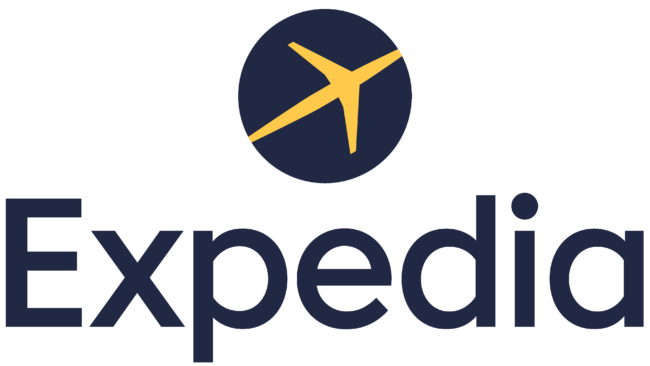 Expedia logo with navy text and a yellow airplane icon in a navy circle