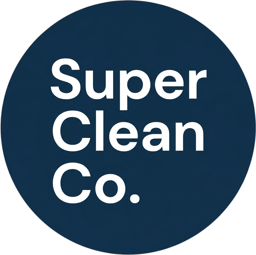 Dark blue circle logo with white text reading “Super Clean Co.”