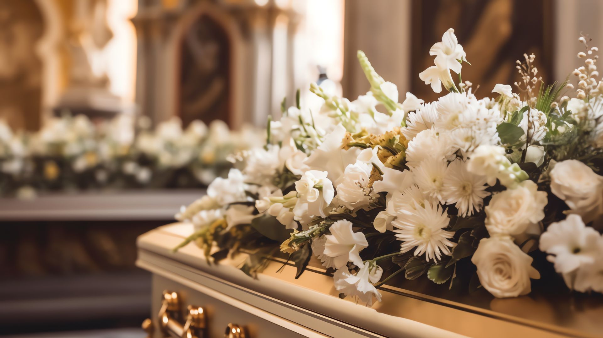 Bouquet de fleurs blanches déposées sur un cercueil
