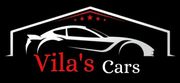 Logotipo para Vila's Cars, que presenta una silueta de automóvil blanca dentro de un marco similar a un garaje, con el nombre en rojo y blanco.