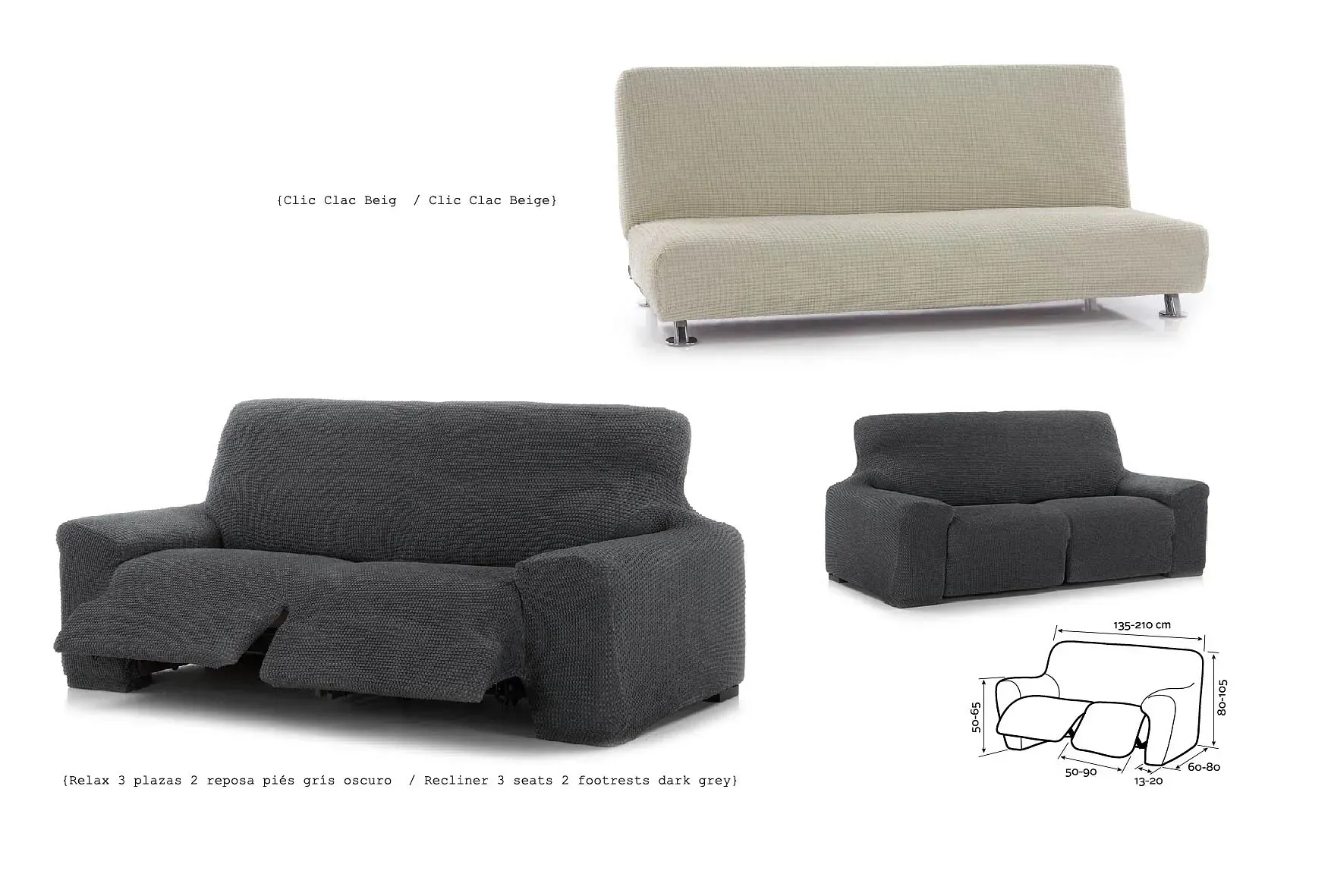 Se muestran tres tipos diferentes de fundas de sofá sobre un fondo blanco.