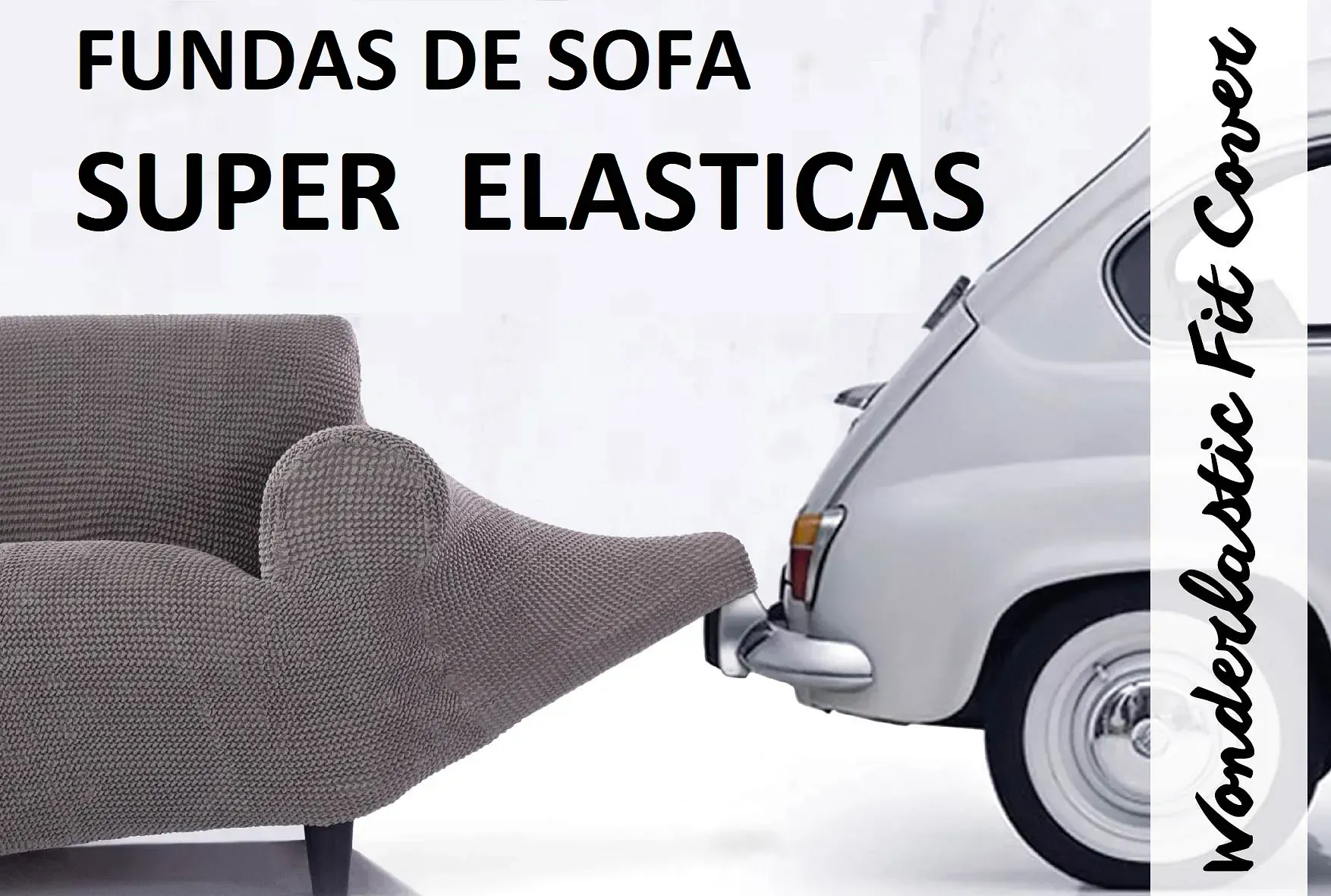 Un coche blanco está aparcado junto a un sofá gris que dice fundas de sofá super elasticas