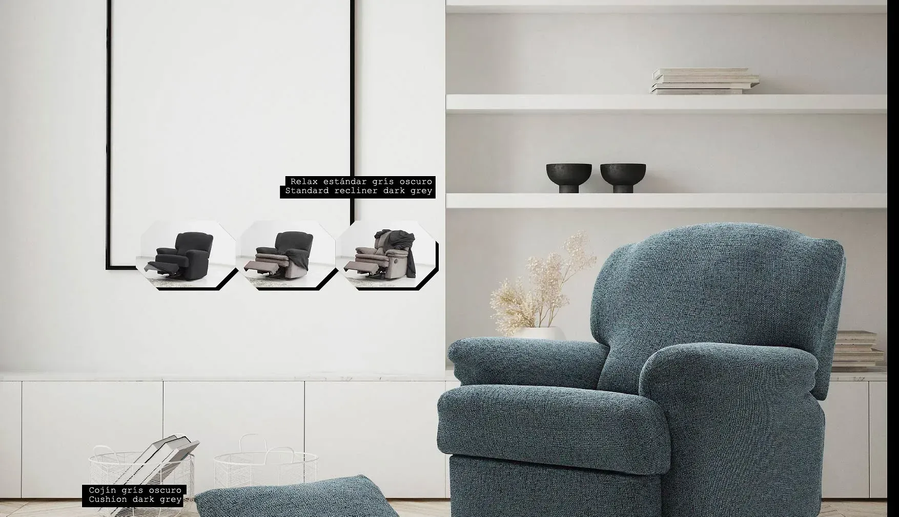 Una sala de estar con una silla azul, una otomana y estantes.