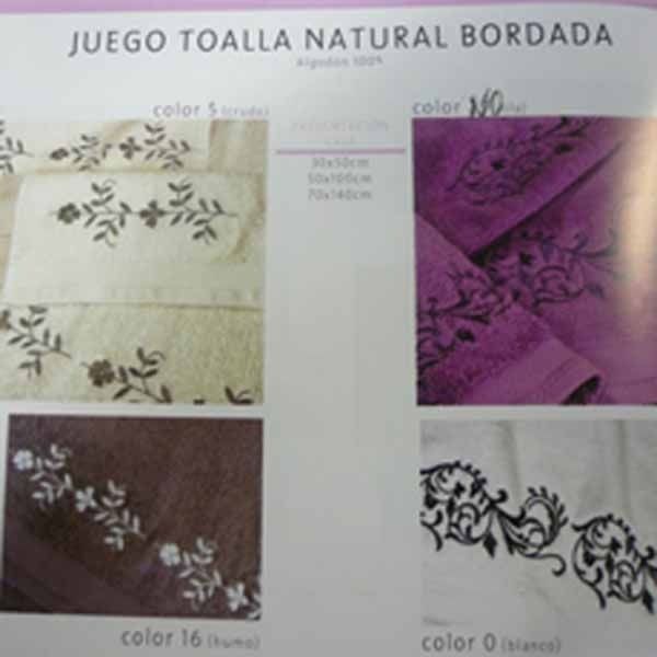 A brochure for juego toalla natural bordada shows different colors