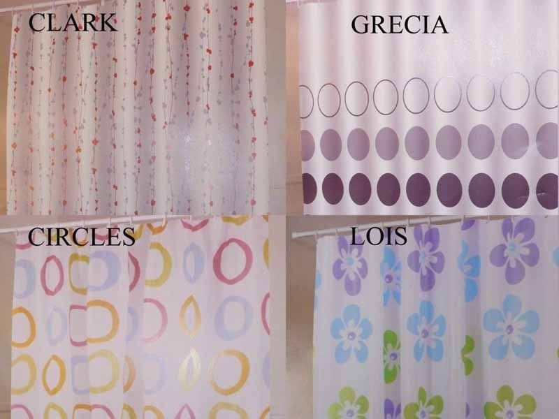 Cuatro cortinas de ducha con círculos y flores.