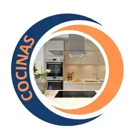 Un círculo azul y naranja con la palabra cocinas en él.