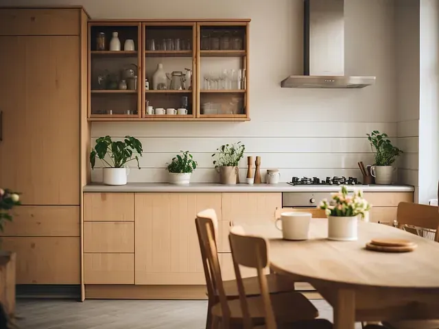 Una cocina con muebles de madera, una mesa y sillas.