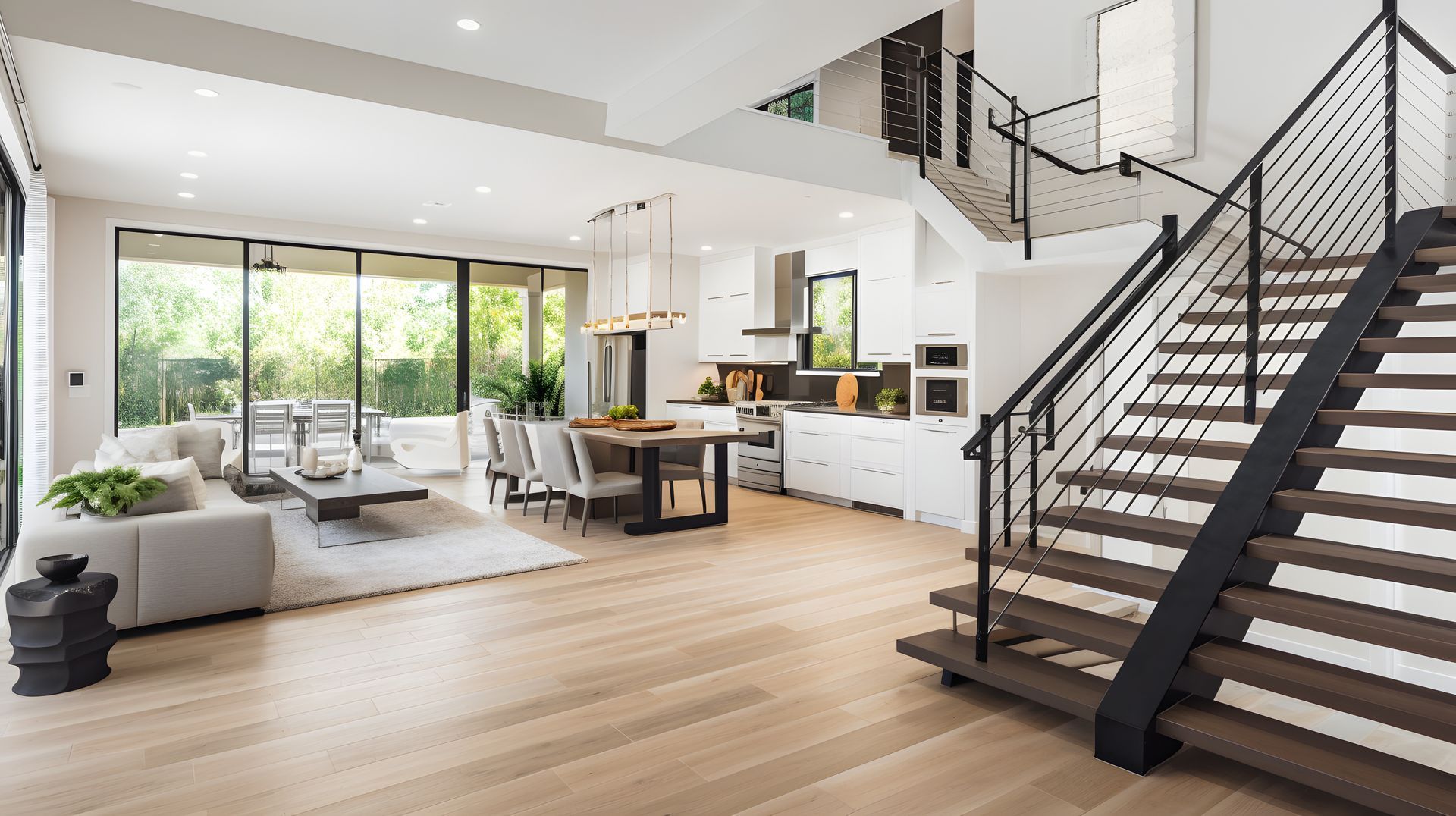 Intérieur d'une maison avec une cuisine moderne, un salon et un escalier en premier plan.