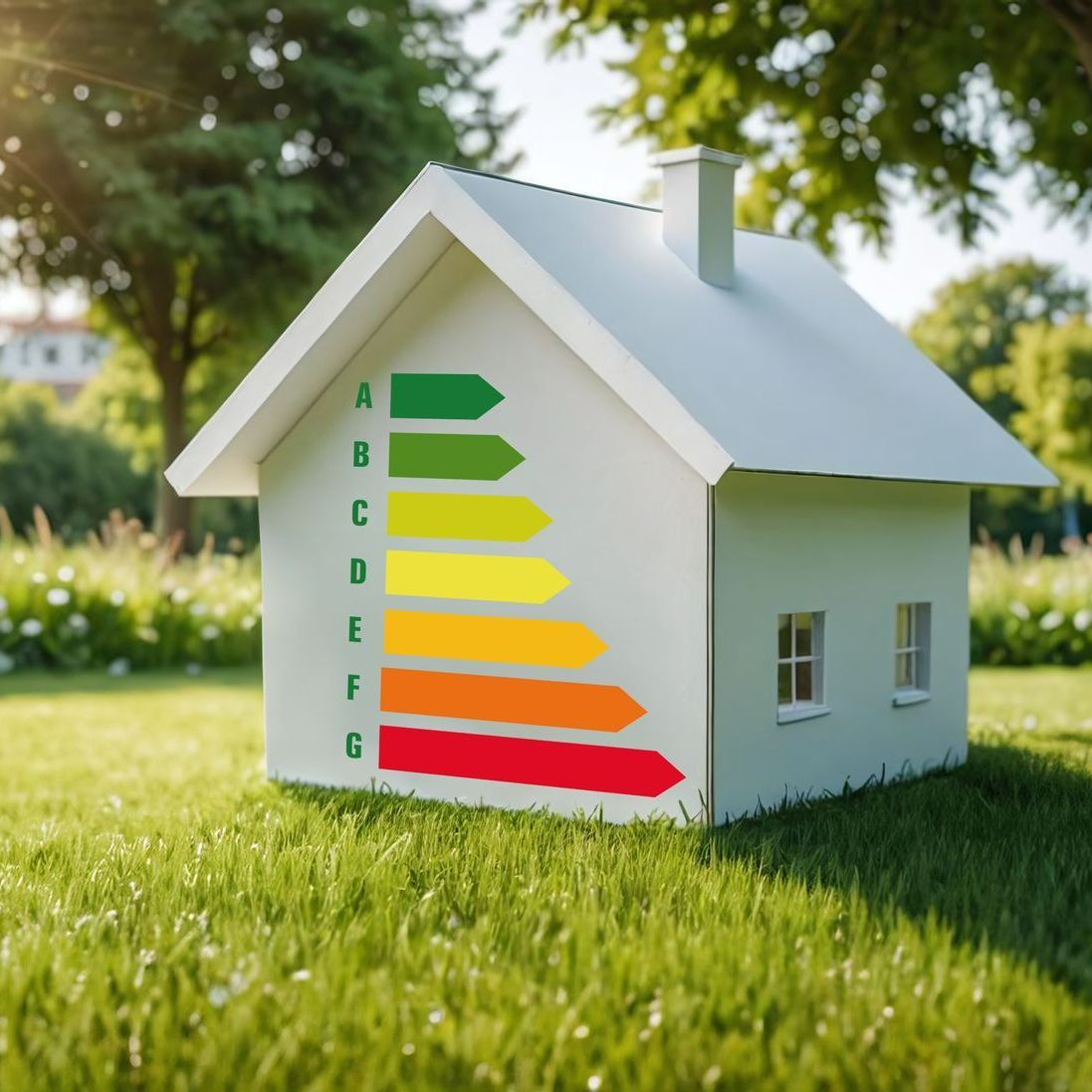 Une maison en carton dans l'herbe avec une échelle de performance énergétique.