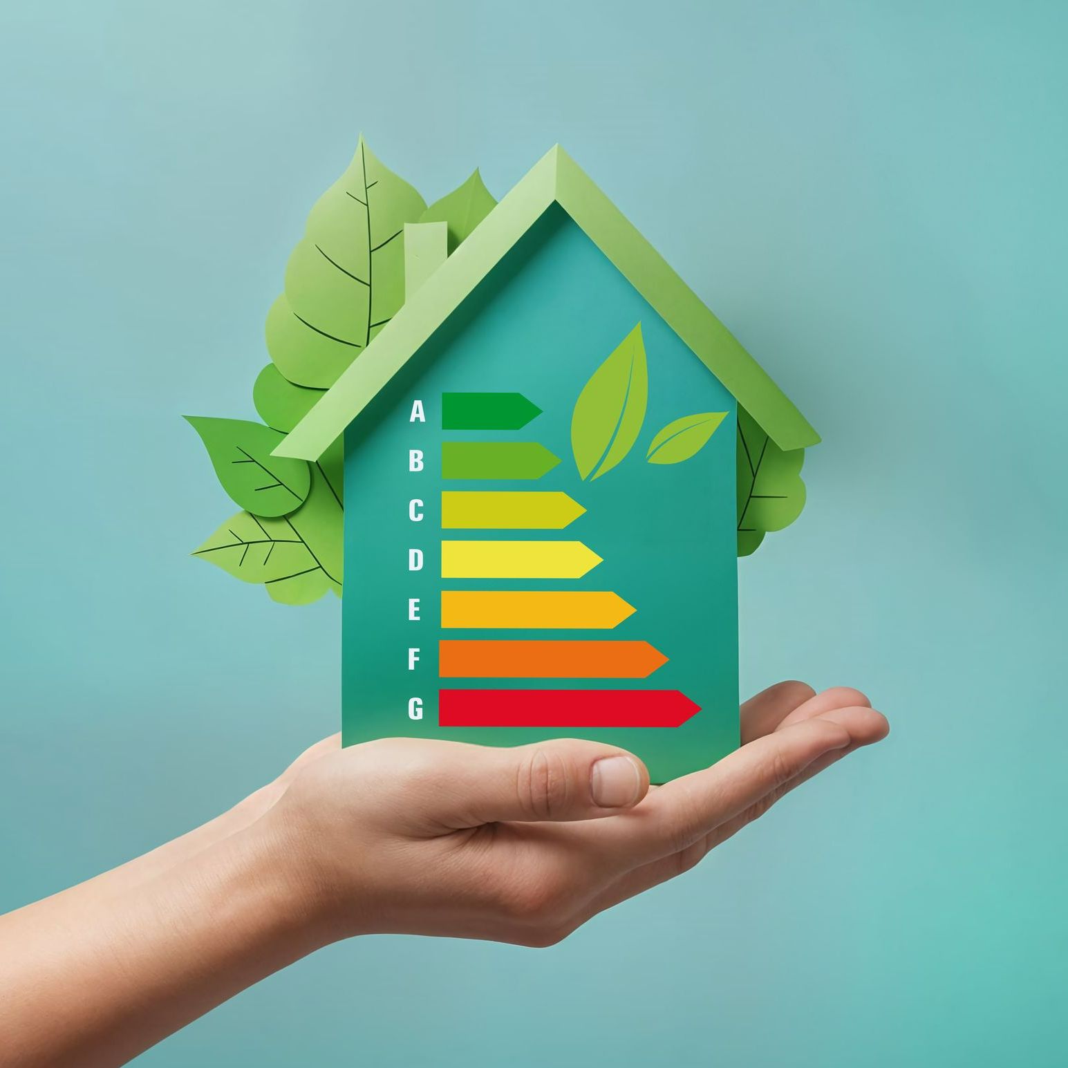 Gros plan sur les mains d'une personne qui tient une maison avec une échelle de performance énergétique.