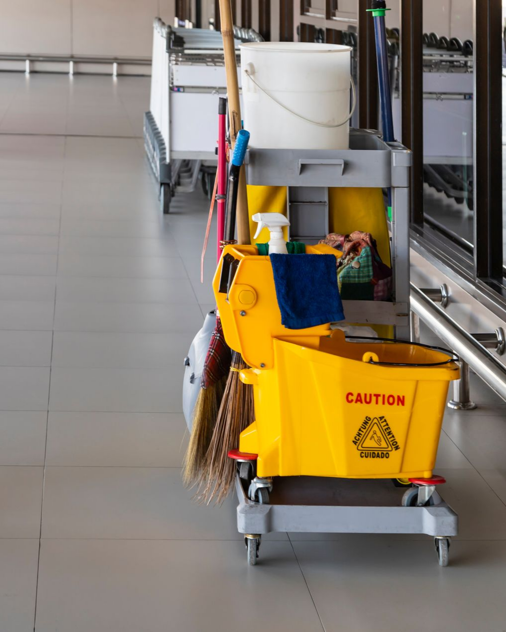 Chariot de nettoyage jaune avec balai, serpillière et seau dans un couloir bien éclairé.