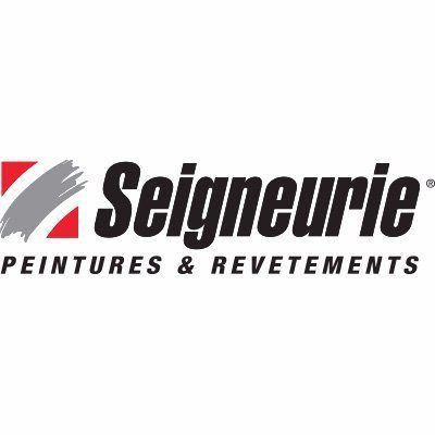 Logo Seigneurie : Texte noir avec un trait de pinceau gris et rouge ; « Peintures & Revêtements » en dessous.