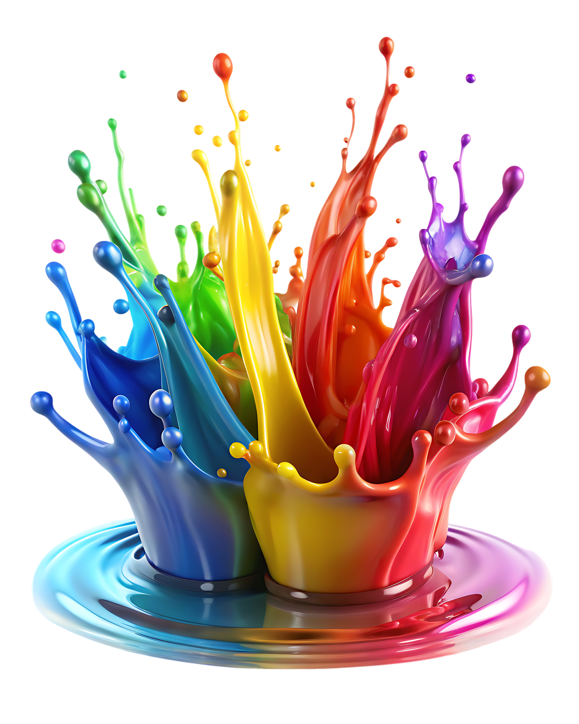 Éclaboussures de peinture colorée en forme de fleur, spectre arc-en-ciel, sur fond blanc.