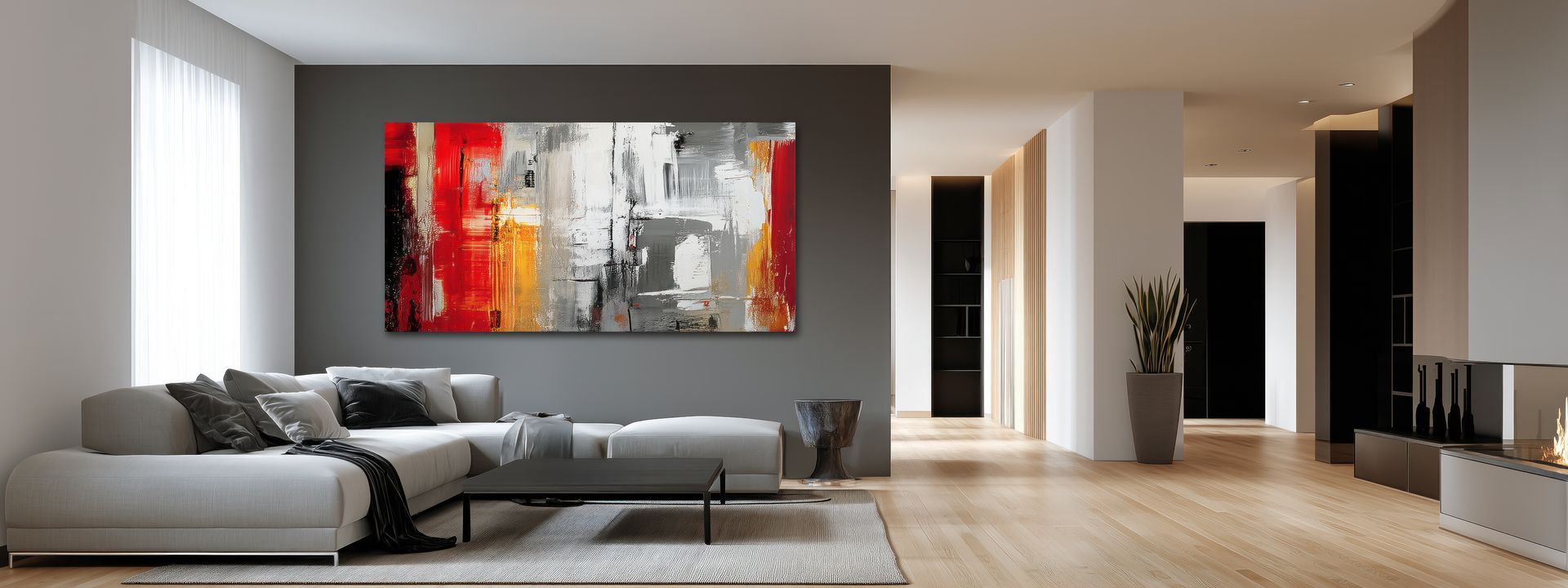 Salon moderne avec art abstrait, canapé gris et parquet.