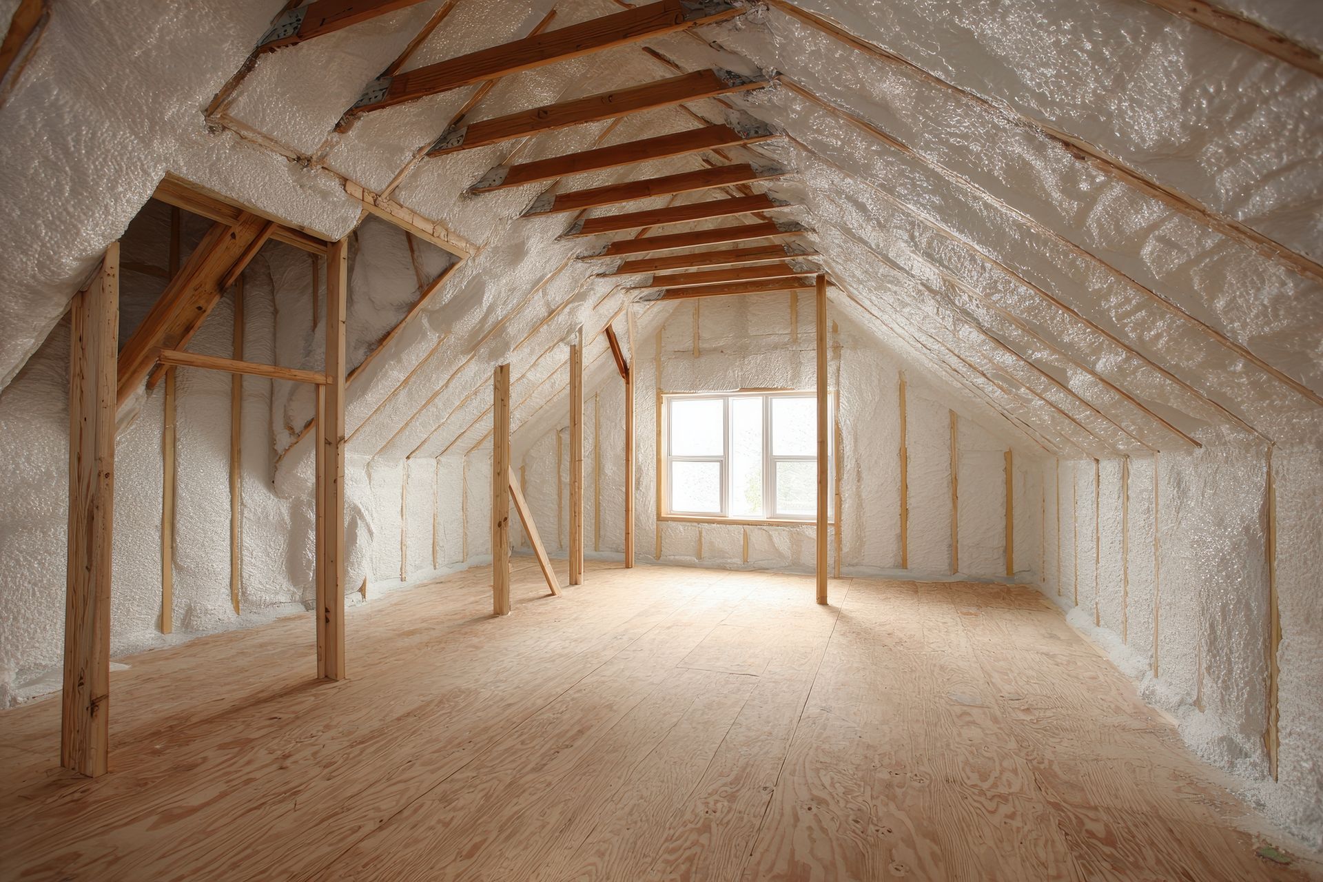 Intérieur du grenier avec isolation en mousse pulvérisée sur les murs et le plafond.