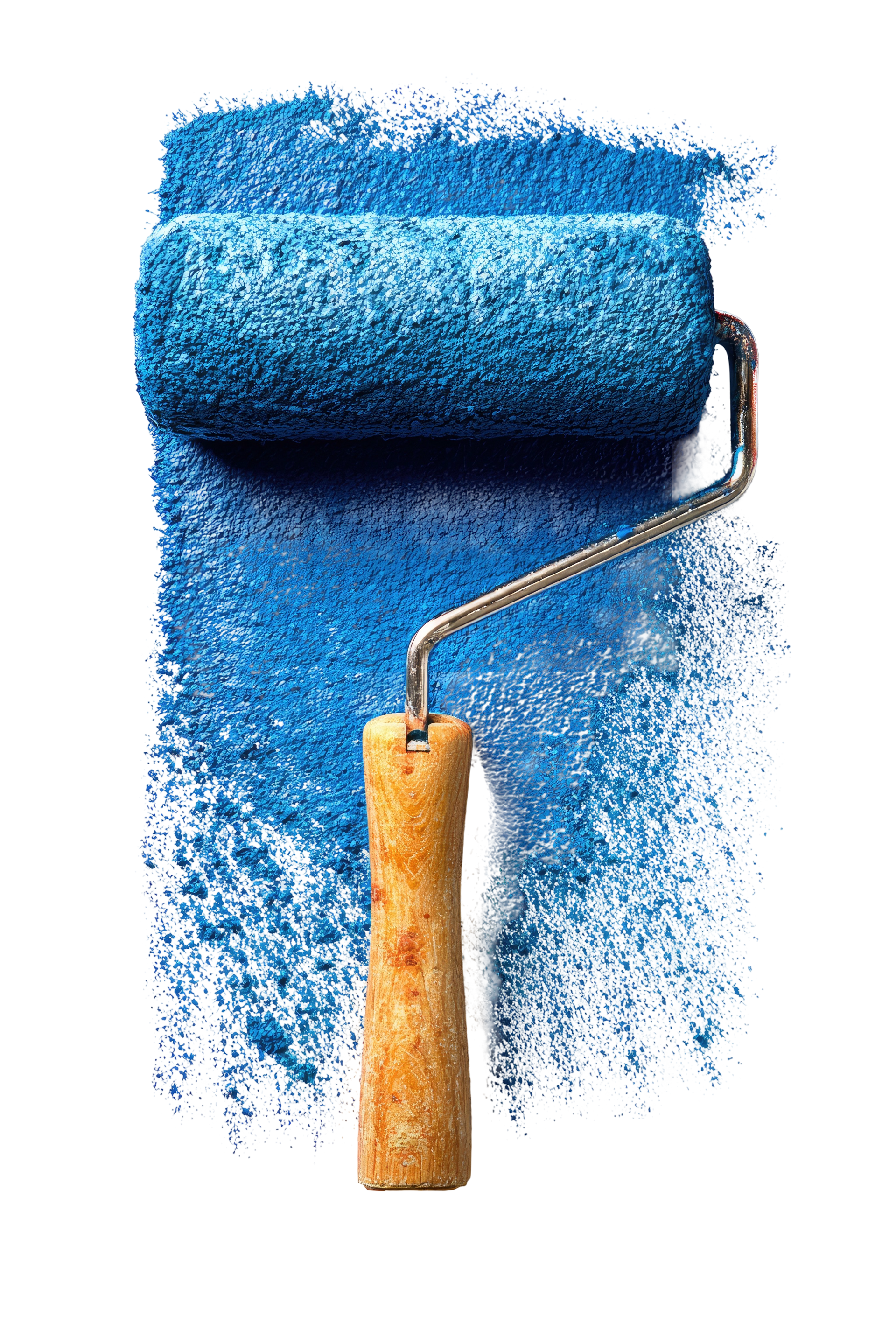 Un rouleau à peinture bleue applique une bande de peinture bleu vif.