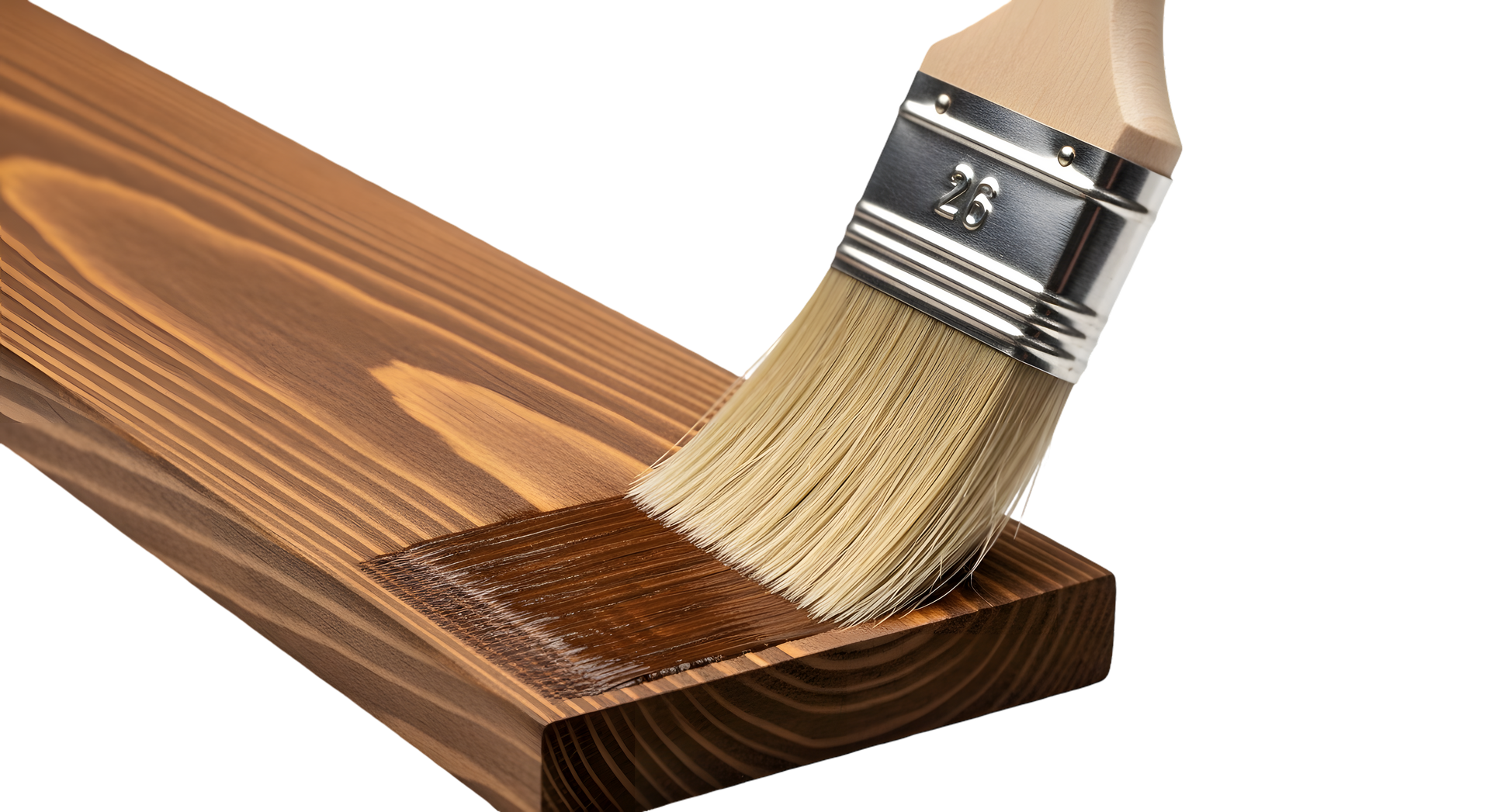 Un pinceau applique une teinture brune sur une planche de bois.