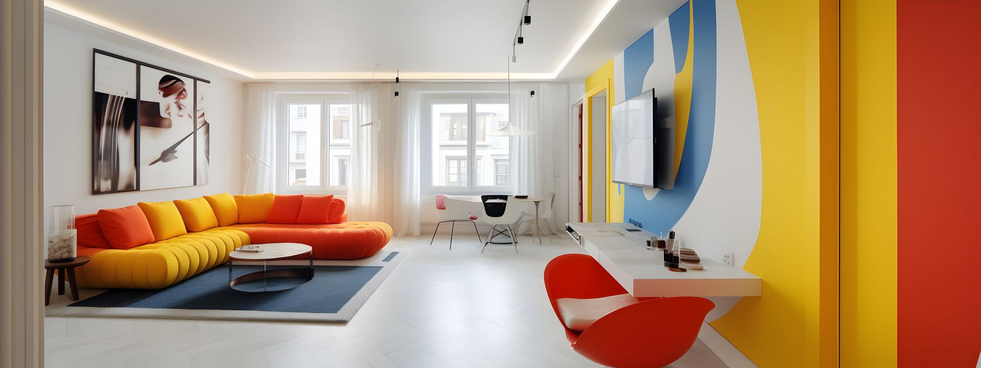 Un salon moderne avec un canapé d'angle coloré, des œuvres d'art murales abstraites.