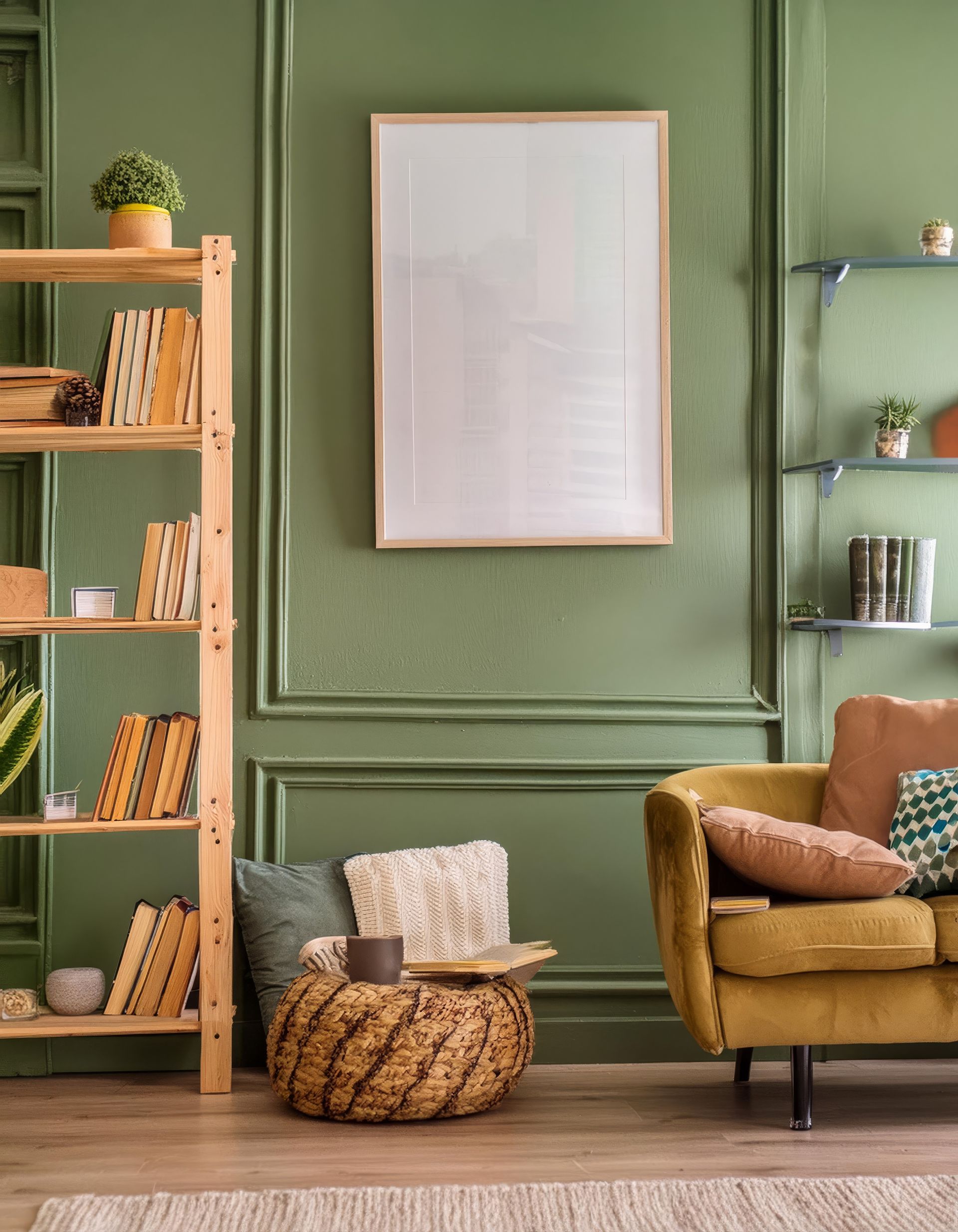 Pièce vert olive avec étagères en bois, canapé doré et tableau blanc encadré.