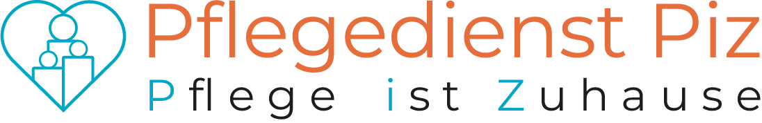 Logo for Pflegedienst Piz. Blue heart with people silhouette, orange text "Pflegedienst Piz" and blue "Pflege ist Zuhause".