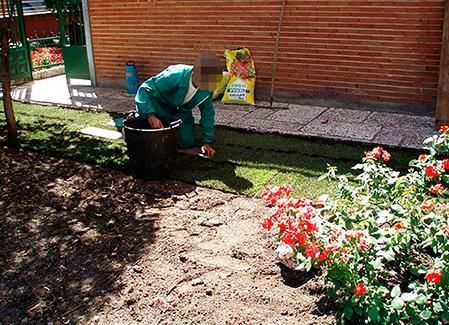 Un hombre está trabajando en un jardín con una bolsa de tierra en el fondo.