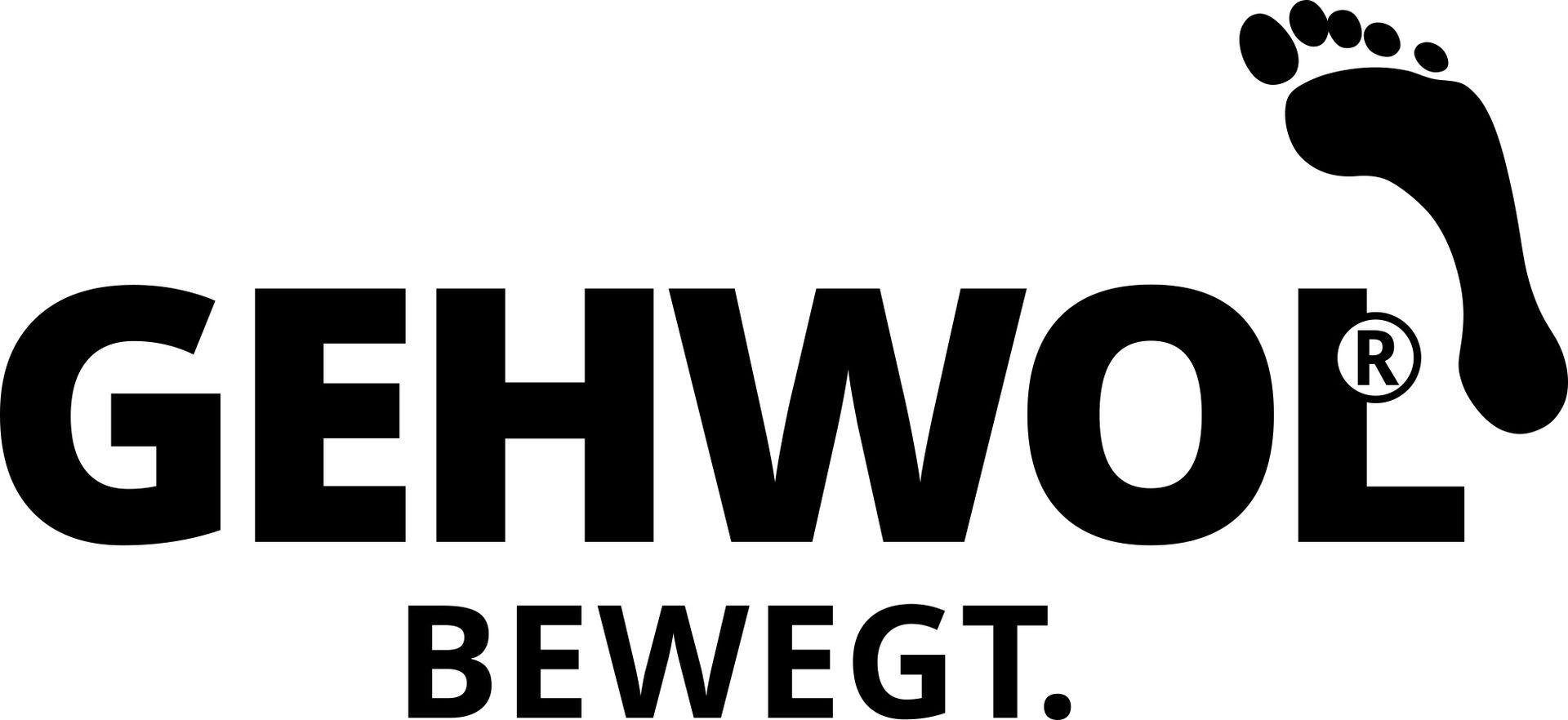GEHWOL-Logo mit Fußabdruck-Symbol und dem Wort „BEWEGT“ in Schwarz auf weißem Hintergrund