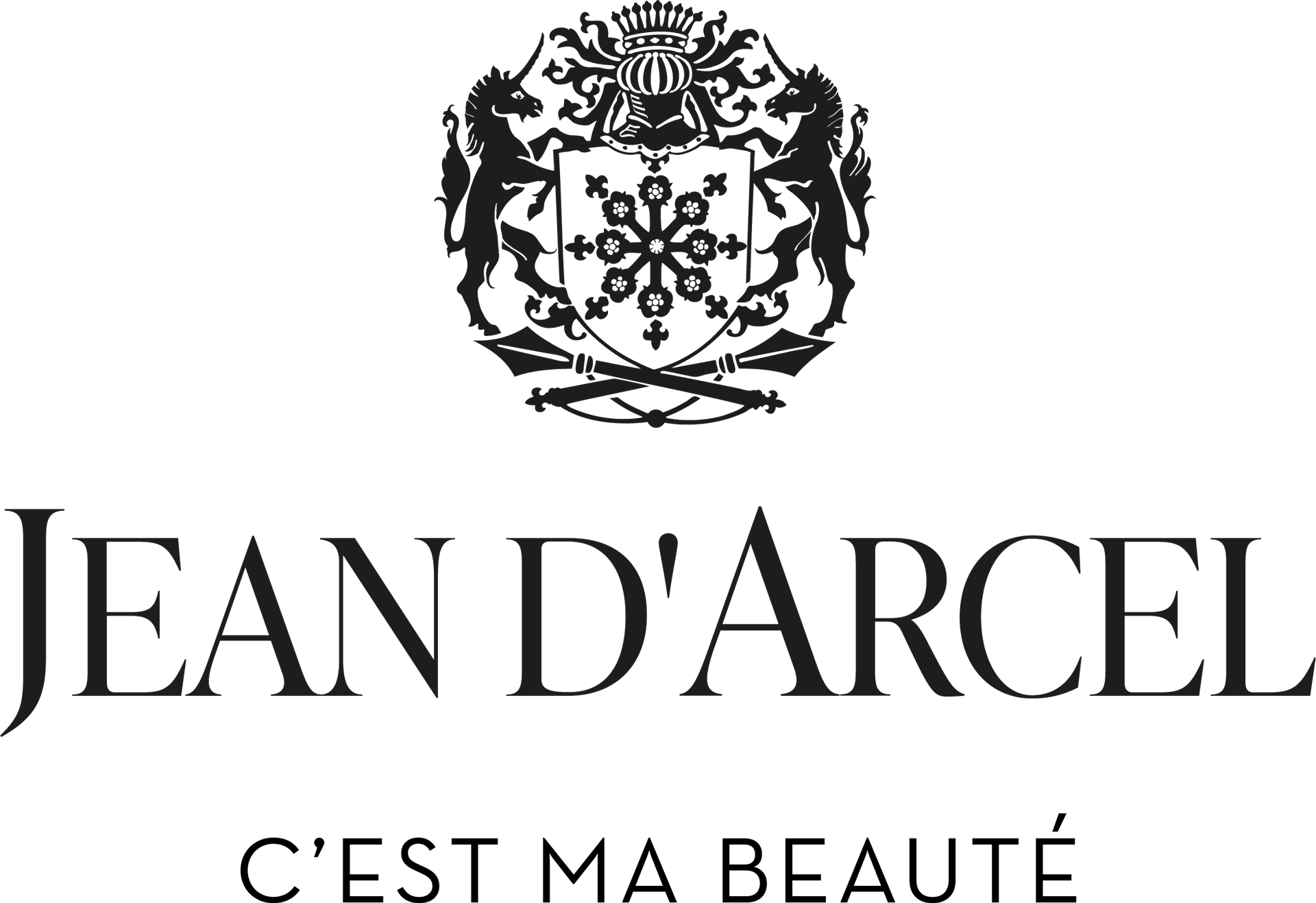 Jean D'Arcel-Logo mit Wappen und dem Slogan „C'est ma beauté“