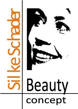 SilkeSchader Beauty Konzeptlogo mit schwarz-weißer Gesichtsillustration und orangefarbenem vertikalem Text