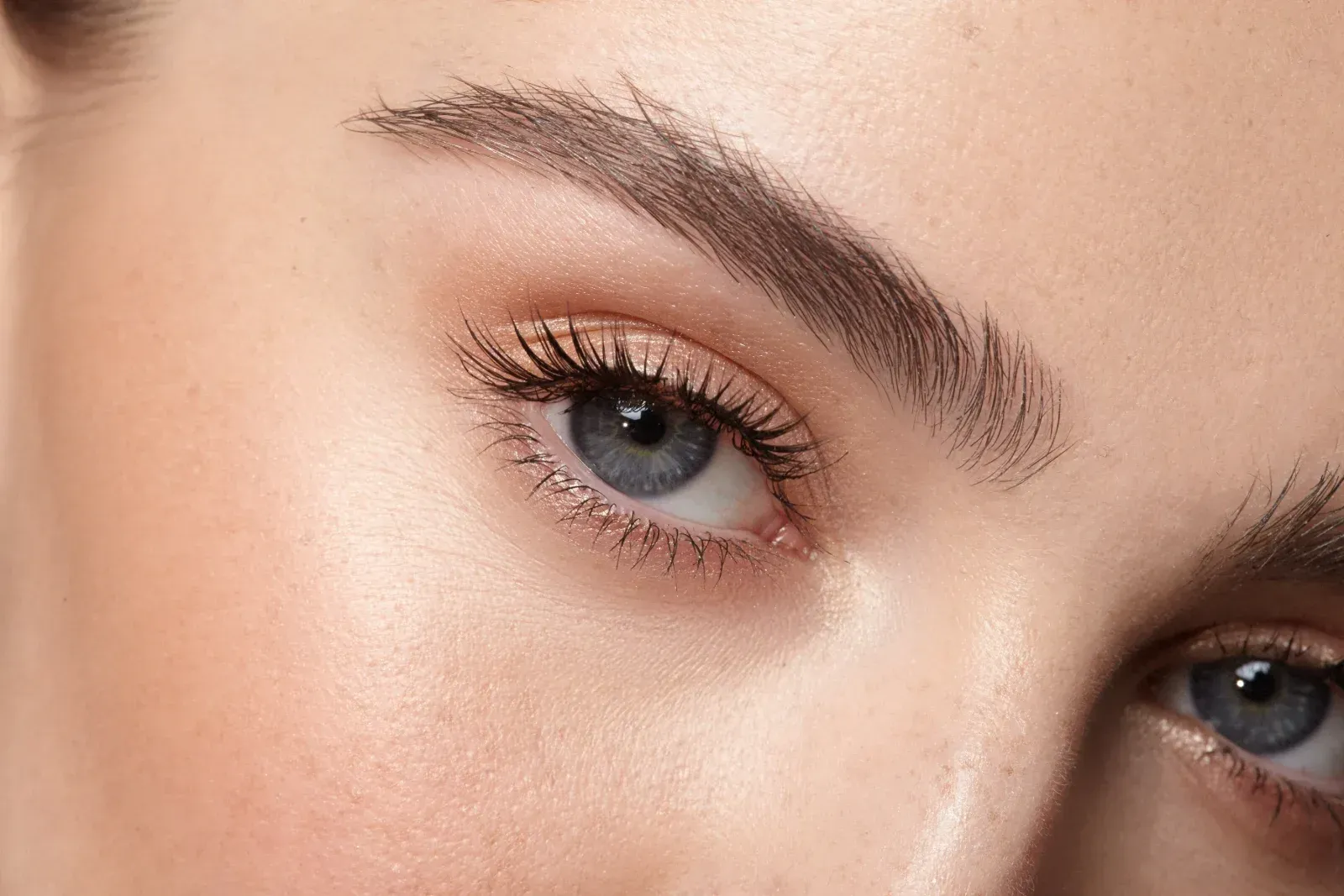 Nahaufnahme von blauen Augen mit wohlgeformten Augenbrauen und langen Wimpern, ein Auge teilweise sichtbar