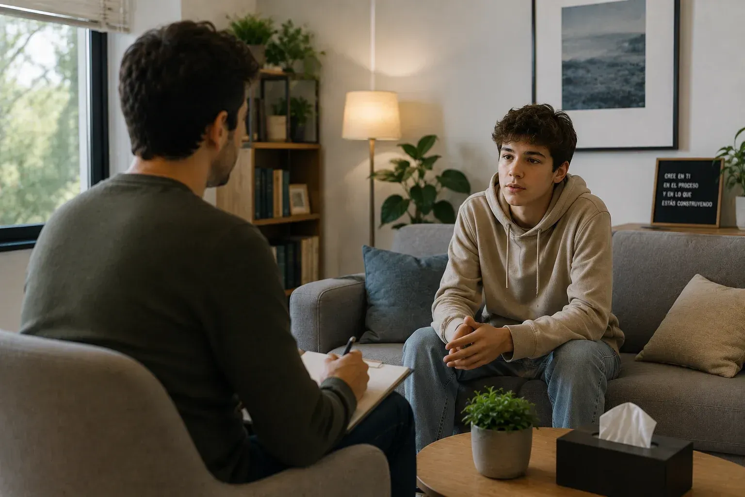 Dos personas conversan en un luminoso salón, sentadas en un sofá y una silla, con plantas y una lámpara cerca.