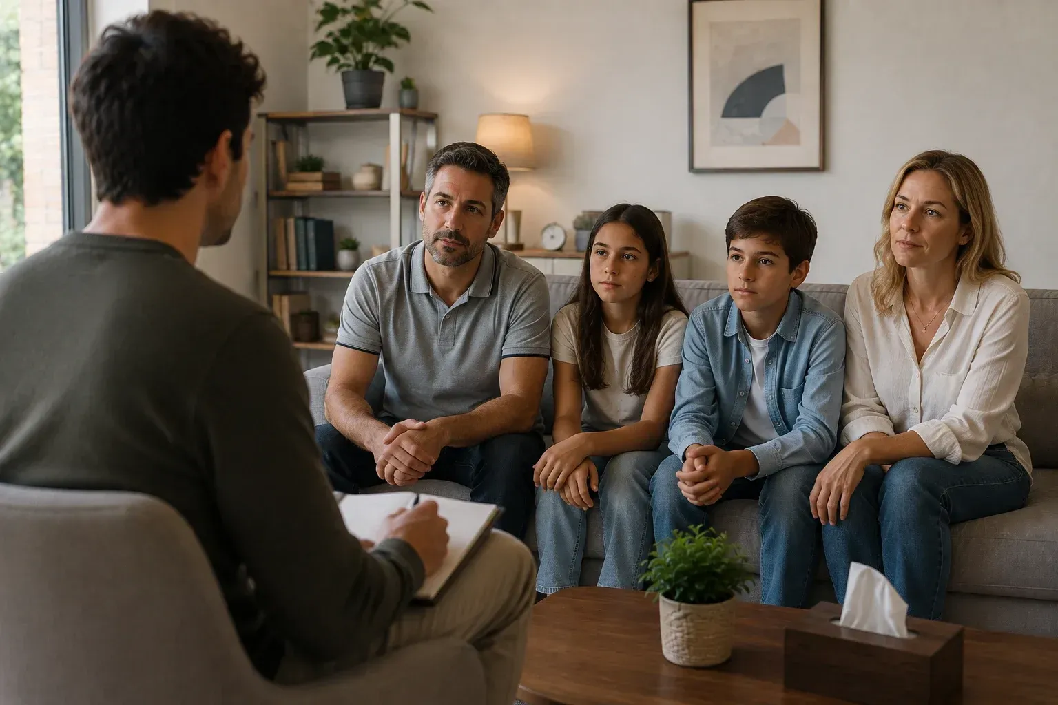 Terapeuta se reúne con un pequeño grupo sentado en un sofá en un ambiente acogedor de sala de estar.