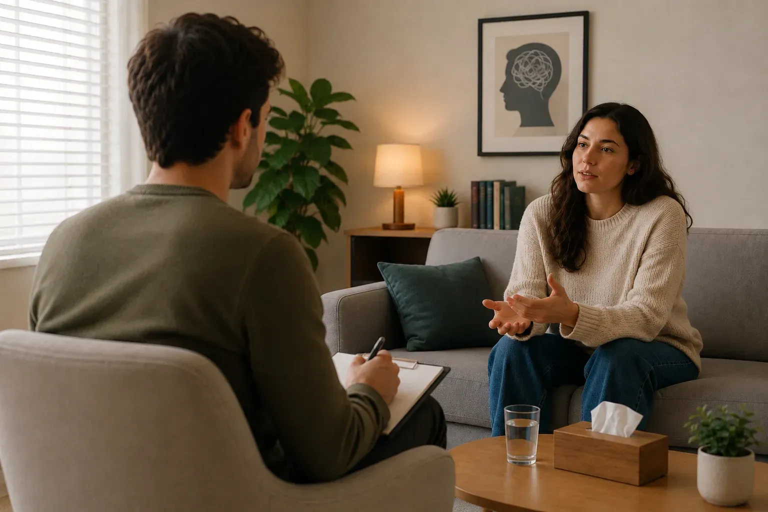 Dos personas conversando en una acogedora sala de estar durante una sesión de terapia.