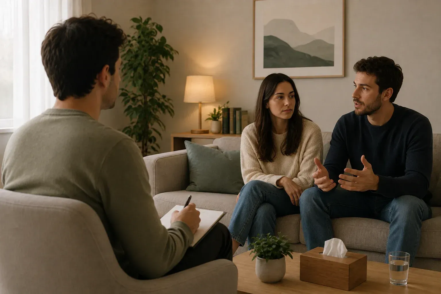 Tres personas conversando en una acogedora sala de estar durante una sesión de terapia.