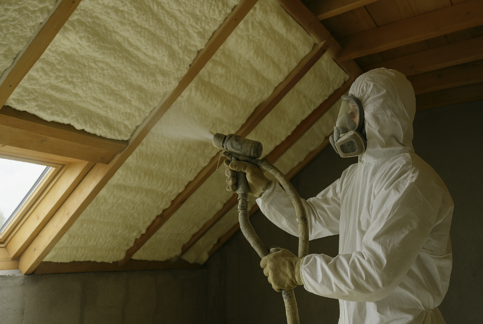 Un ouvrier vêtu d'une combinaison de protection blanche et d'un masque respiratoire pulvérise de l'isolant en mousse entre les chevrons en bois d'un grenier.