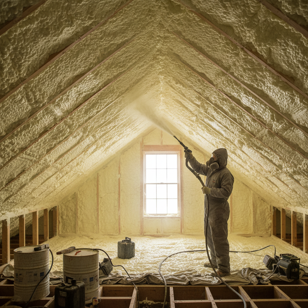 Un ouvrier portant un équipement de protection pulvérise de l'isolant en mousse jaune sur le plafond et les chevrons d'un grenier doté d'une fenêtre centrale.