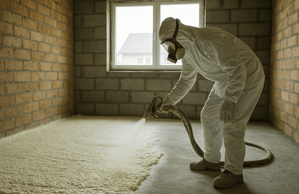 Un ouvrier vêtu d'une combinaison blanche de protection et portant un masque respiratoire pulvérise de l'isolant en mousse sur un sol en béton dans une pièce non finie.