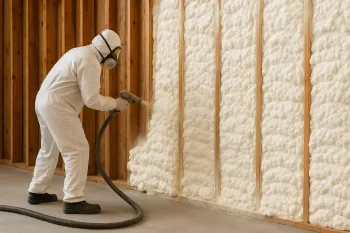 Une personne portant un équipement de protection pulvérise de l'isolant en mousse blanche dans les montants muraux en bois.