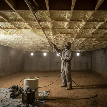 Une personne portant un équipement de protection pulvérise de la mousse isolante sur le plafond d'un sous-sol sombre et non aménagé.