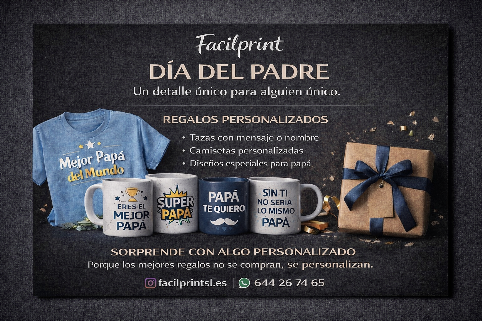 Anuncio de regalos personalizados en fondo negro, con tazas, caja y mensaje “Día del Padre”.