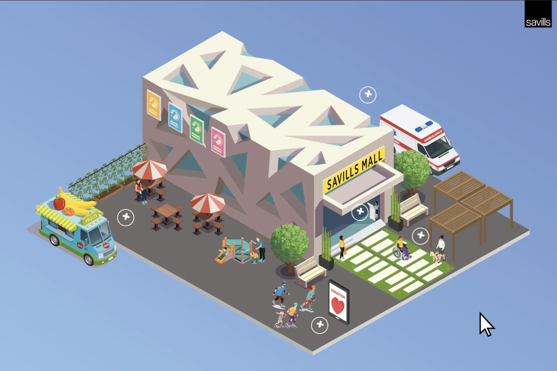 Pequeña cafetería con terraza, furgoneta de reparto y ambulancia junto a un edificio moderno al anochecer.