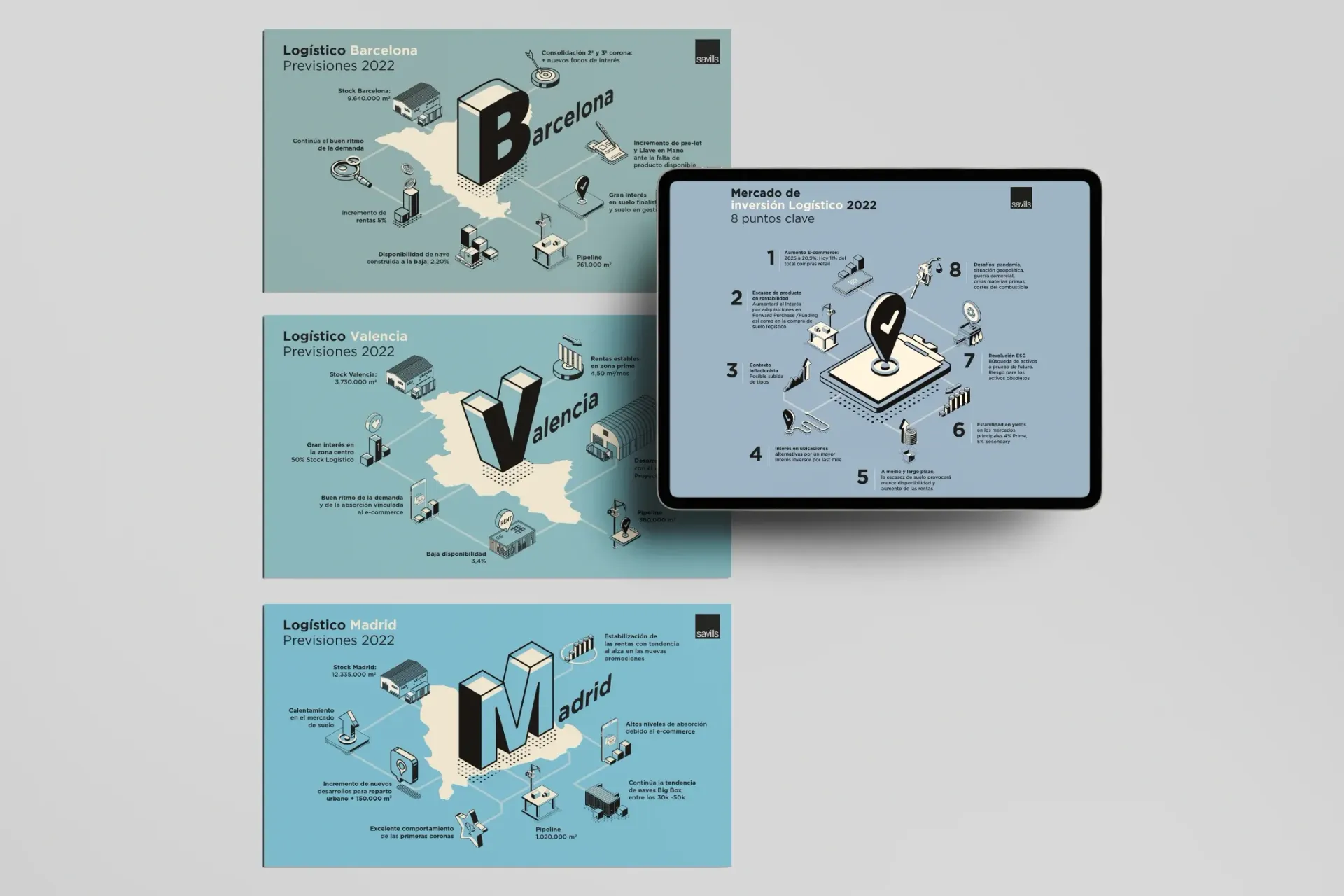 Tres paneles azules con forma de mapa y grandes letras negras, uno de ellos mostrado en la pantalla de una tableta.