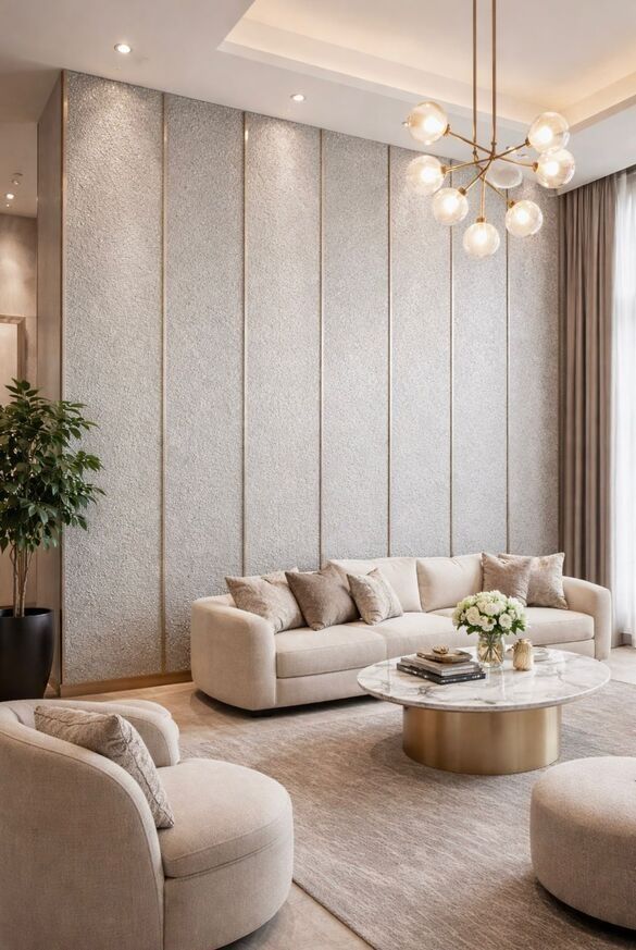 Un salón moderno con una pared decorativa gris texturizada, un sofá 