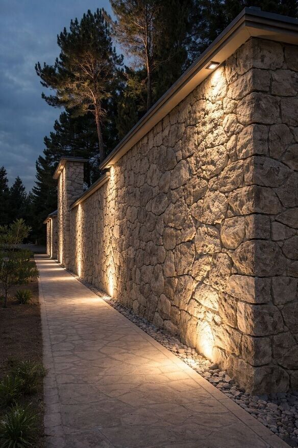 Un muro de piedra iluminado por cálidas luces empotradas en la pared