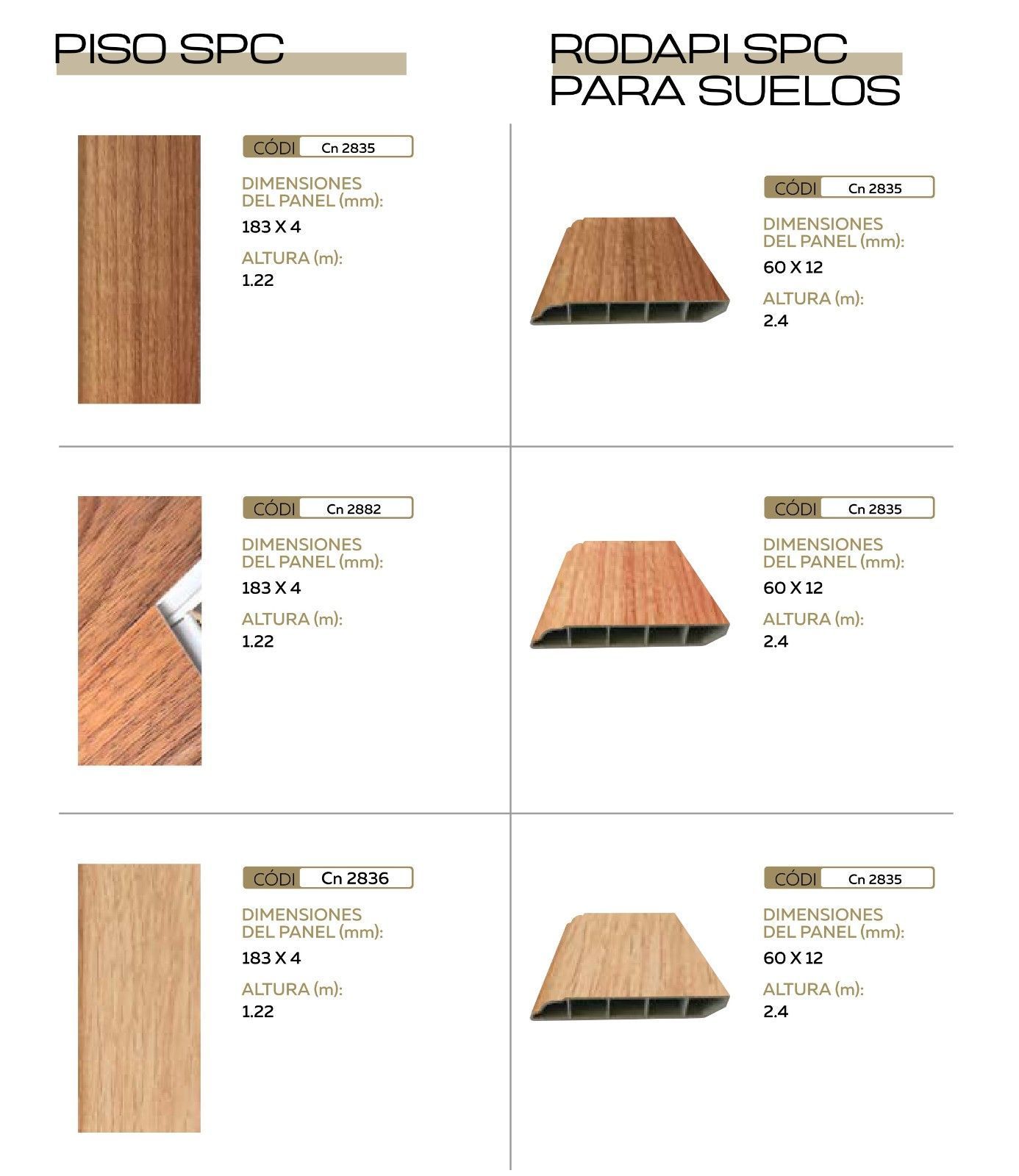 Un catálogo de productos que muestra tablones de suelo SPC a la izquierda y perfiles de zócalo SPC a juego a la derecha.