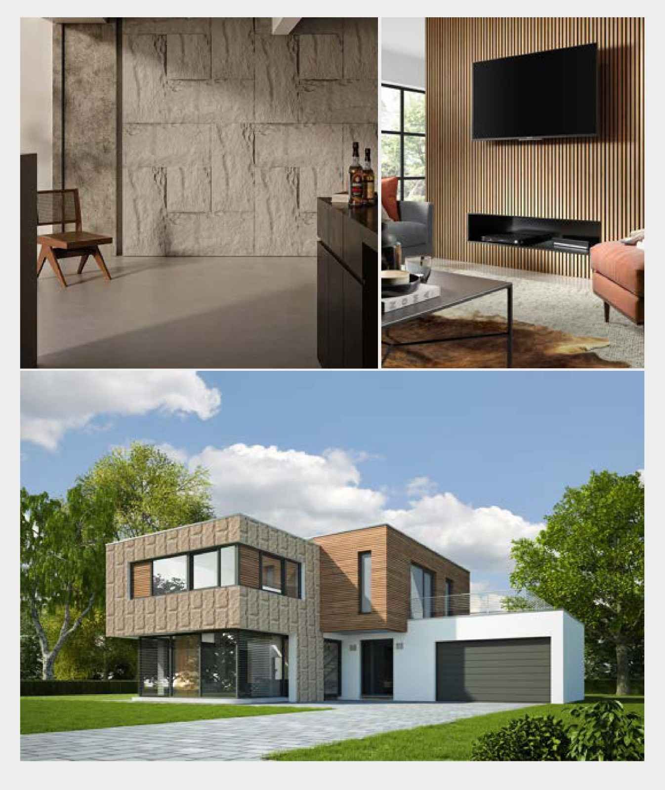 Un collage que muestra un diseño interior moderno con paredes 