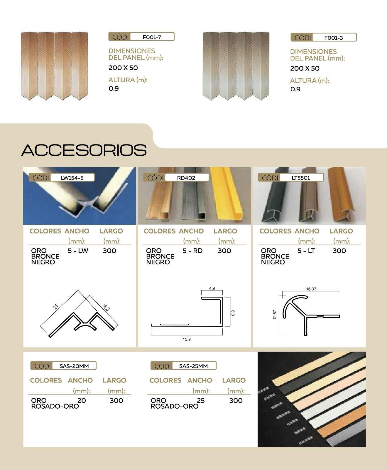 Página del catálogo que muestra paneles de pared y perfiles decorativos 