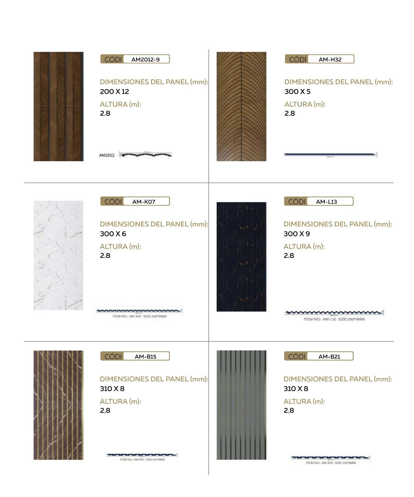 Catálogo que muestra seis opciones de paneles decorativos para paredes