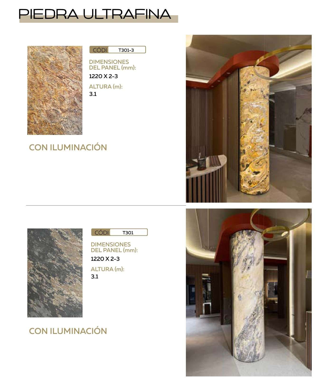 Ficha técnica de un producto de piedra ultrafina que presenta dos opciones