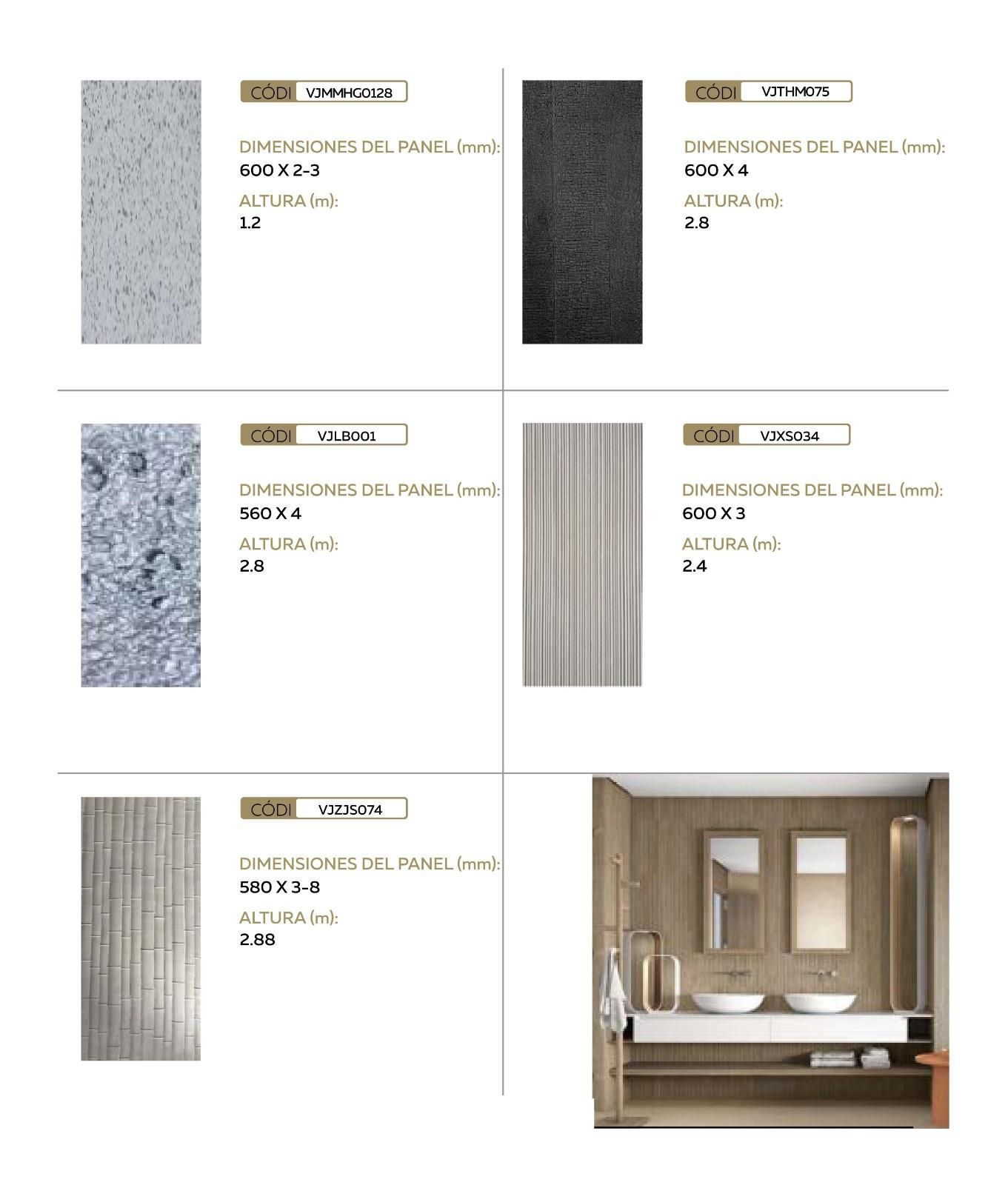 Una página de catálogo que muestra cinco muestras de azulejos texturizados 